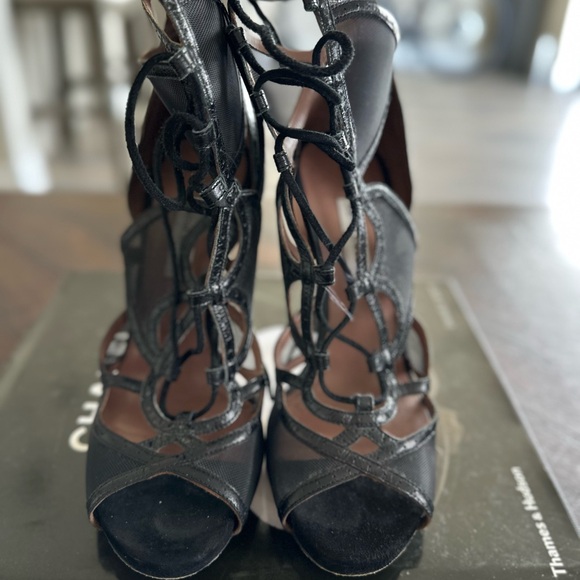 Tabitha Simmons Black Mesh Lace-Up Heels - Picture 3 of 9